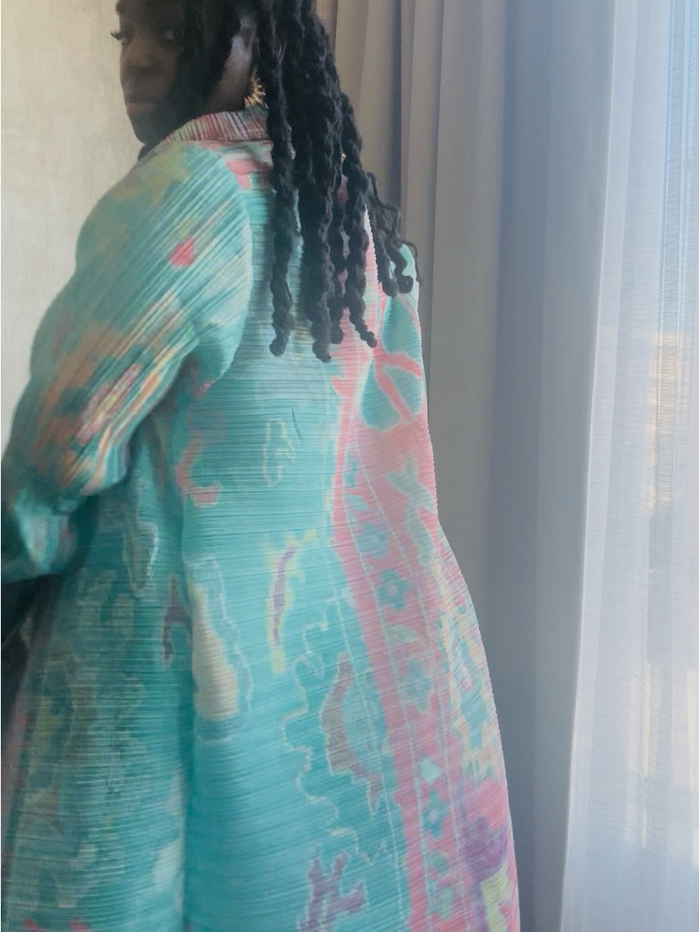 Long Pastel Duster Coat in Mint & Peach - Picture 10 of 11